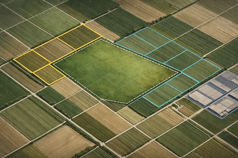 Particelle catastali di un terreno agricolo evidenziate su foto aerea per la valutazione fotovoltaica
