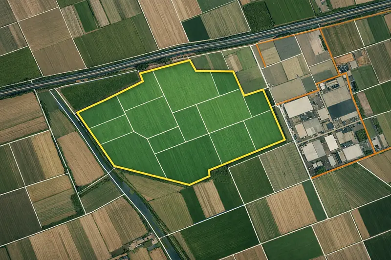 Vista aerea di un terreno agricolo con il perimetro della particella evidenziato, idoneo per un impianto fotovoltaico